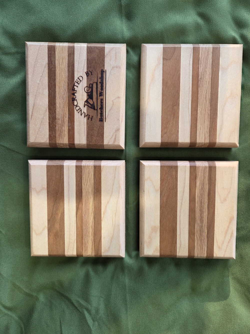 4 Hard Wood Butcher Block Coasters - Natural & Medium Wood Tones